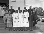 Women stand on church steps, Los Angeles, 1958