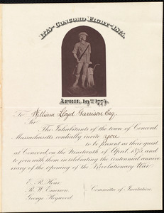 Invitation from Concord, Massachusetts, to William Lloyd Garrison, Nineteenth of April 1875