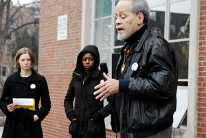 Thumbnail for Justice for Jason rally at UMass Amherst: Michael Ekwueme Thelwell speaking to protesters outside the Student Union Building in support of Jason Vassell