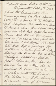 Thumbnail for Extracts from letter from Anne Warren Weston, Weymouth, [Mass.], Sept. 2nd, 1843