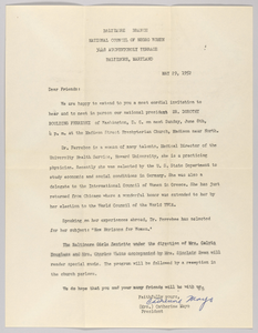 Letter from Catherine Mayo for the NCNW Baltimore Branch