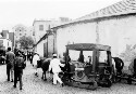 View of a sleigh pulled by horses. Somewhere overseas