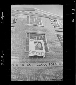 "Malcolm X University" banner hanging outside Ford Hall during Brandeis University sit-in