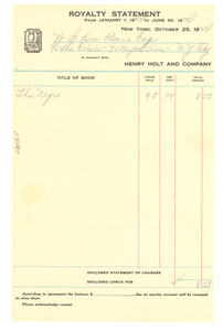 Royalty statement from January 1, 1924 to June 30, 1924