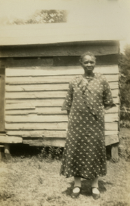 Mary Hall [Gullah informant] in front of her house on Racoon Bluff, Sapelo Island, Ga