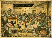 Color lithograph advertising the Detroit Free Press from 1883