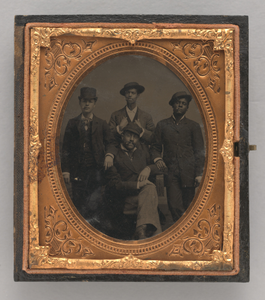 Tintype of four men smoking cigars