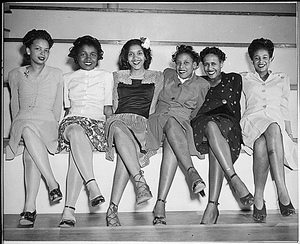 "Pin-up girls at NAS Seattle, Spring Formal Dance. Left to right: Jeanne McIver, Harriet Berry, Muriel Alberti, Nancy Grant, Maleina Bagley, and Matti Ethridge."