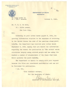 Letter from United States Department of State to W. E. B. Du Bois