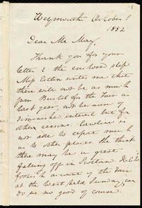 Letter from Anne Warren Weston, Weymouth, [Mass.], to Samuel May, October 1, 1852