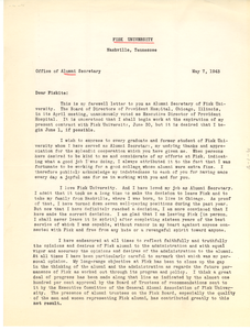 Circular letter from Fisk University Alumni Association to W. E. B. Du Bois