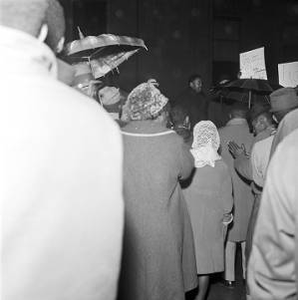 Hosea Williams and other demonstrators in the rain at a voter registration rally outside the Jefferson County courthouse in Birmingham, Alabama.