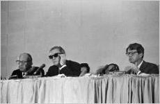 Senators Jacob Javits, Joseph Clark, and Robert F. Kennedy of the Senate Subcommittee on Employment, Manpower, and Poverty, listening to testimony during a hearing at the Heidelberg Hotel in Jackson, Mississippi.