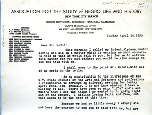 Letter from Association for the Study of Negro Life and History New York Branch to W. E. B. Du Bois