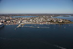 An October 2017 aerial view of Portland, Maine, and its busy harbor