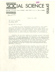 Letter from Social Science Press to W. E. B. Du Bois