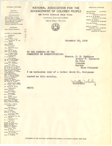 Memorandum from Walter White to J. E. Spingarn, Arthur Spingarn, W. E. B. Du Bois, James Weldon Johnson, Isadore Martin, and Mary White Ovington