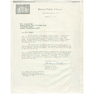 Letter from William Lewis of the Boston Public Library to Euryne Wright of the Roxbury Goldenaires about Black History Week celebration