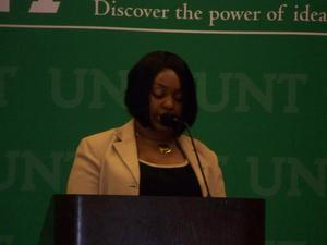 Woman speaking at Black History Month event