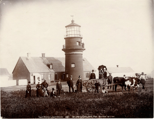 Thumbnail for Exterior view of Gay Head Lighthouse with tourists and an ox-cart, Martha's Vineyard, Mass., 1887