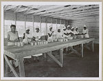 [African American women preparing food for canning in metal cans]