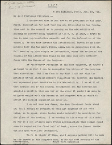 Baldwin, James Mark, 1861-1934 typed letter (copy) to Prof. Pillsbury, Paris, 23 January 1910