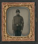 [Unidentified soldier in Union sergeant's uniform and Company H forage cap with revolver, musket, and attached U.S. Model 1862 "Zouave" sword bayonet]